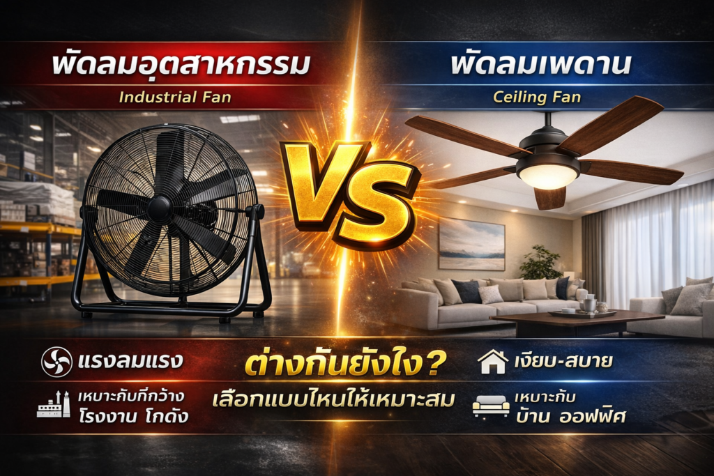 พัดลมอุตสาหกรรม vs พัดลมเพดาน เหมาะกับงานแบบไหน เลือกยังไงให้คุ้มที่สุด