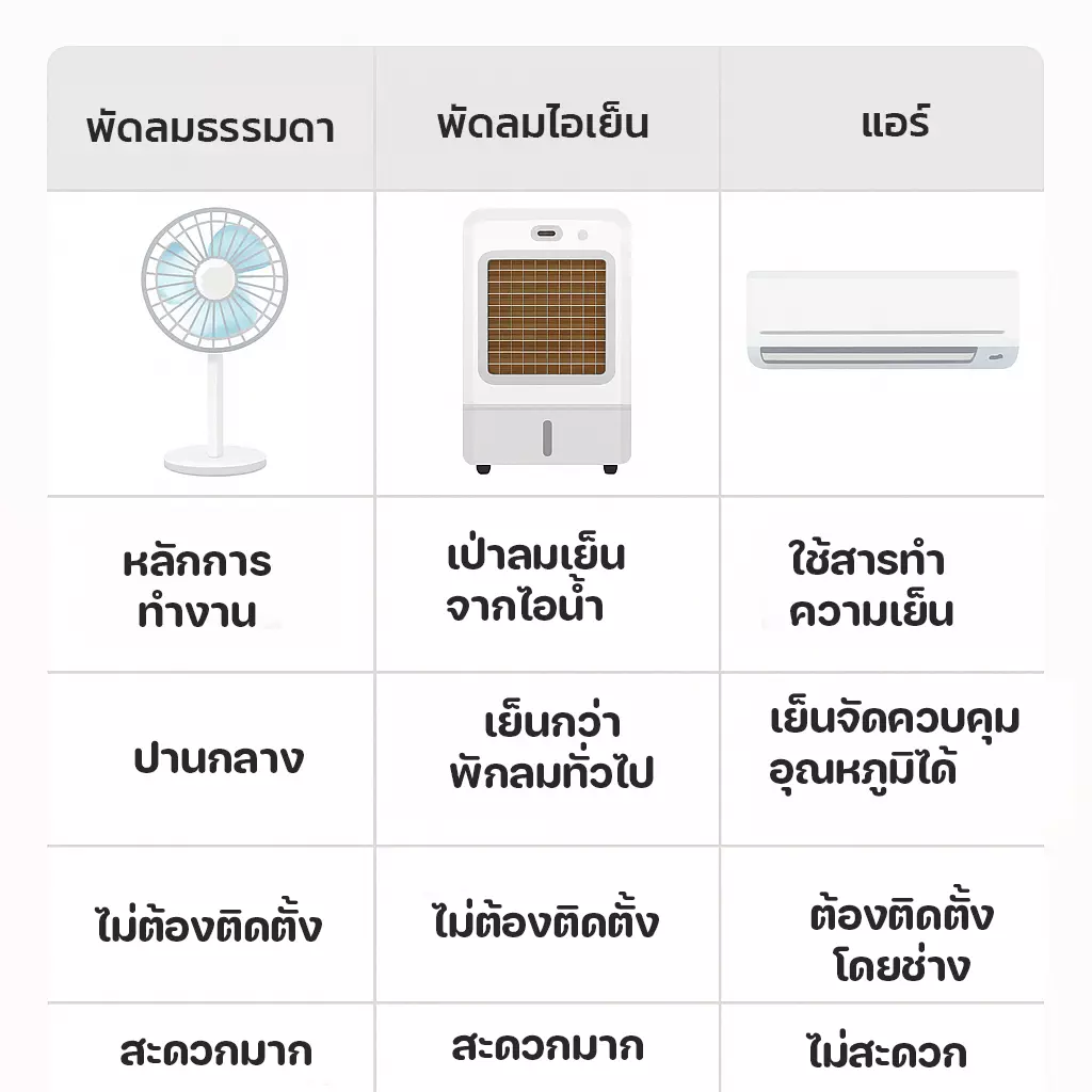 ตารางเปรียบเทียบ พัดลมธรรมดา vs พัดลมไอเย็น vs แอร์